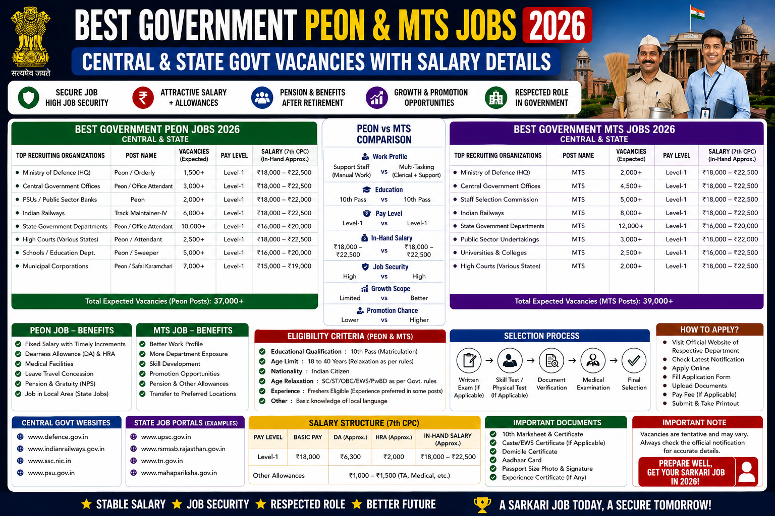 Best Government Peon & MTS Jobs 2026 – Central & State Govt Vacancies with Salary Details